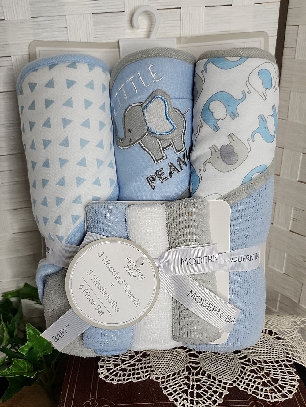 🍁3/$25 *NWT* MODERN BABY BLUE  ELEPHANT HOODED TOWEL & WASHCLOTH SET ~3 EACH